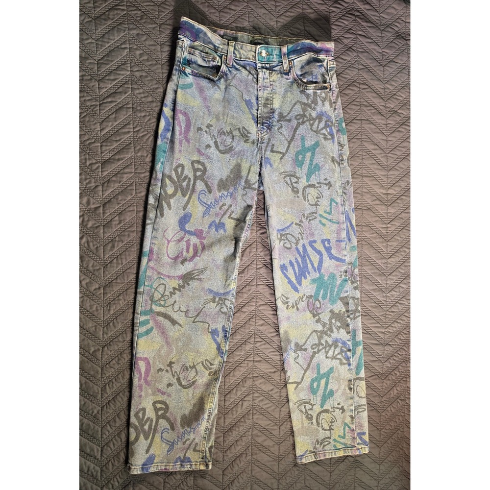 Wild Fable Graffiti Print High-Rise Straight Leg Jeans Blue Multi Womens 12